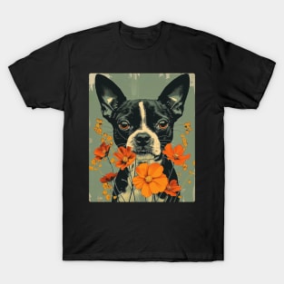 Boston Terrier Flowers Photo Art Design For Dog Onwer T-Shirt